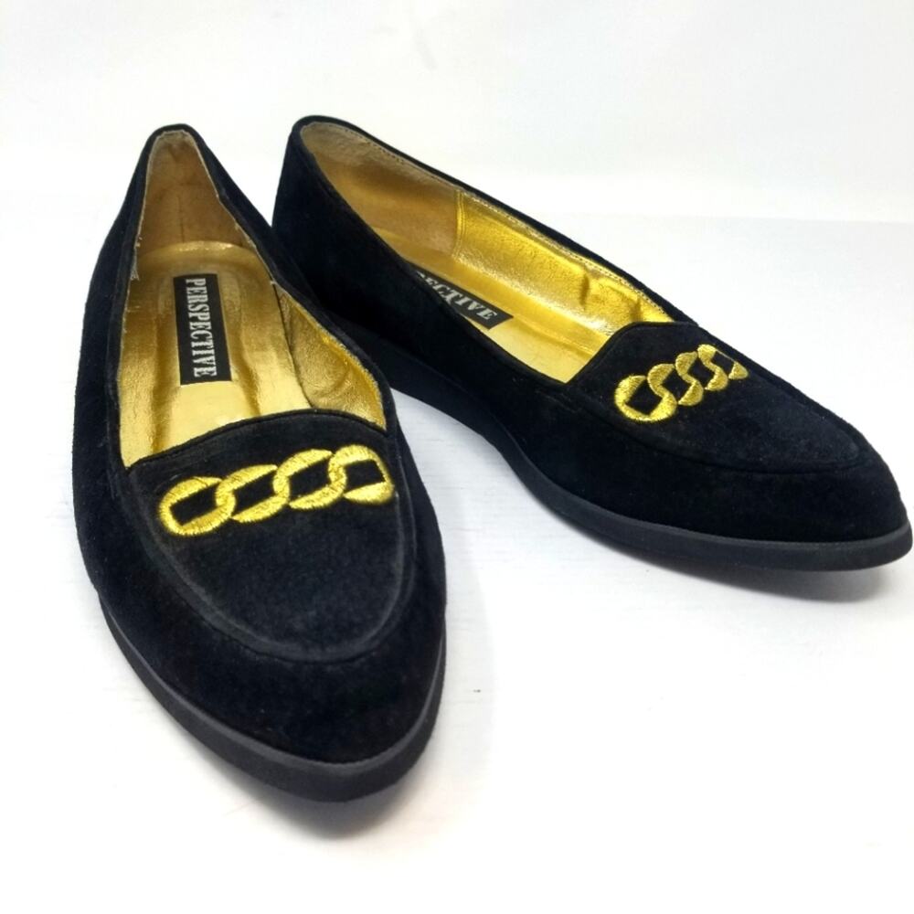 Perspective Gold Chain Leather Flats Loafers‎ Size 7.5